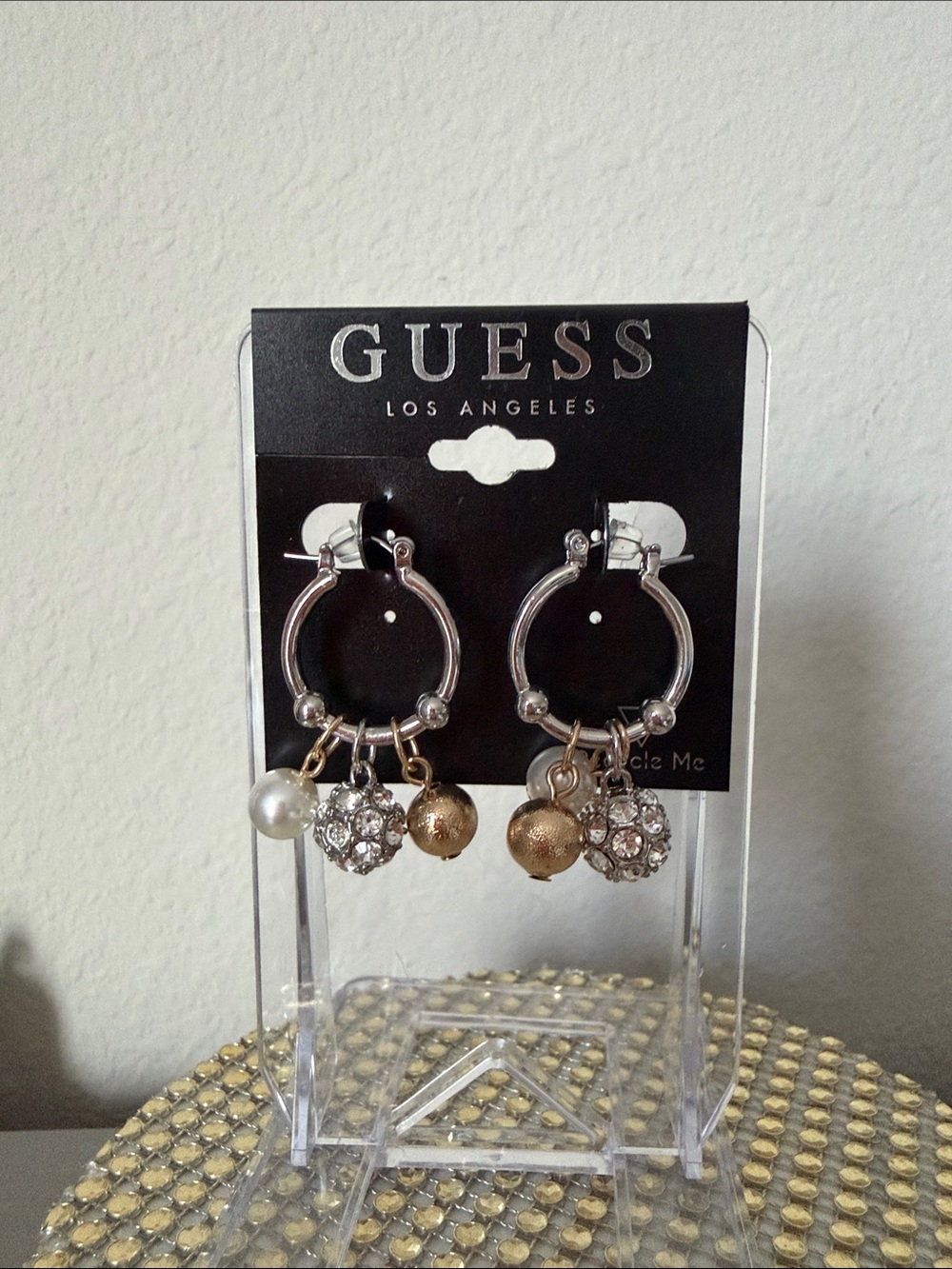 GUESS Gold and Silver Charm Hoop Earrings with Pearls and Crystals